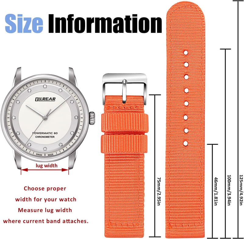 OLLREAR Unisex Nylon Óraszíj Ezüst Fém Csattal 20 mm narancs