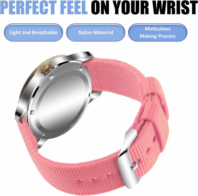 OLLREAR Uniszex Nylon Óraszíj Ezüst Fém Csattal 22mm, Pink