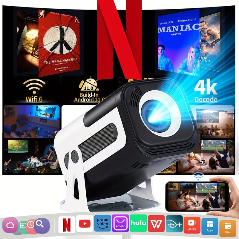 Olymmons HY300 Pro Mini Hordozható Projektor WiFi 6 Bluetooth 5.0 1080P 4K Android 11 Fehér - G1