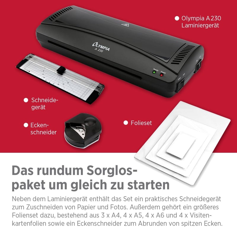 Olympia A 230 Laminálógép 4 az 1-ben | Meleg és Hideg Laminálás | A4 Laminálógép Saroklekerekítővel - Single