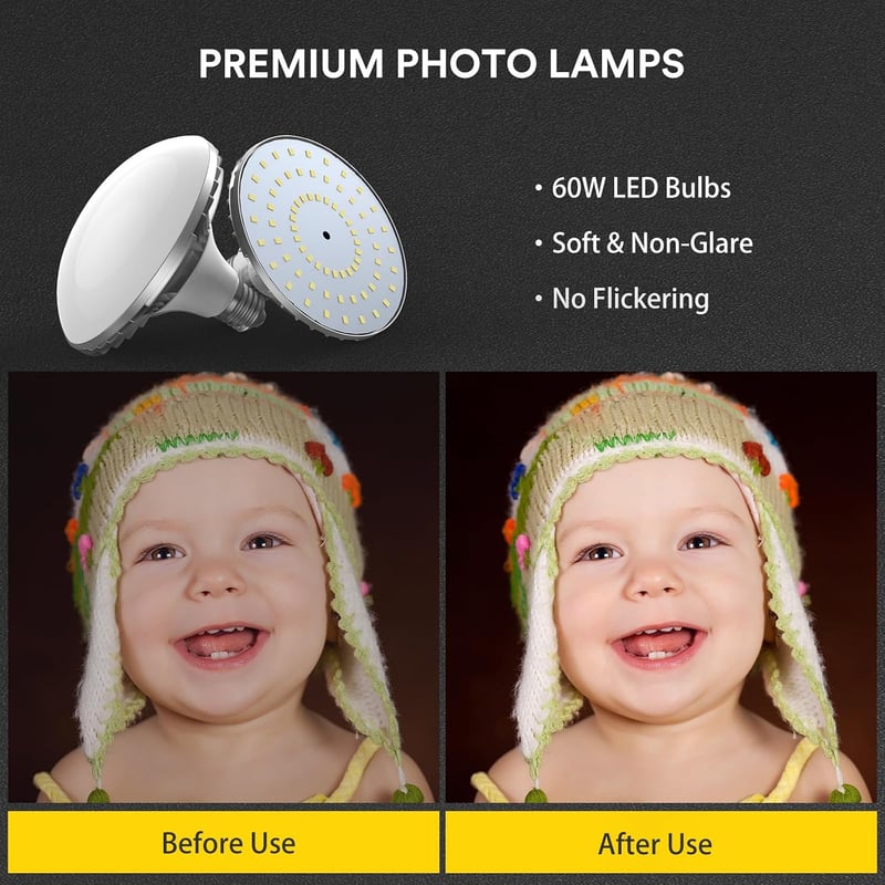 OMBAR LED-es softbox világítási készlet 20x20 hüvelyk, 60W 5500K CRI 97 felett izzók, 3 m kábel, 80 hüvelyk állvány, PS70