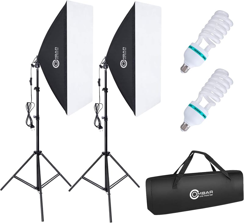 OMBAR Softbox Fotó Stúdió Szett 2x50x70cm - Professzionális Fotózáshoz 2x135W 5500K Nappali Fényű Lámpával, Hordtáskával, Portré és Divatfot