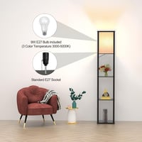 Omdekor Állólámpa Polcokkal LED Fénnyel, Modern Fa Tárolós Álló Lámpa Fehér Vászon Ernyővel, Fekete Sarok Világítás Nappali Hálószoba Iroda 3