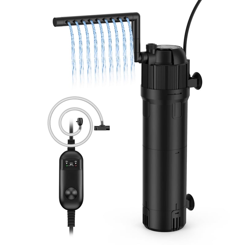 Filtru intern de acvariu OMECO 5 în 1, 8W, cu sterilizator UVC și temporizator, pompă reglabilă 800 L/H, pentru acvarii cu apă dulce și sărată, 150-300 L