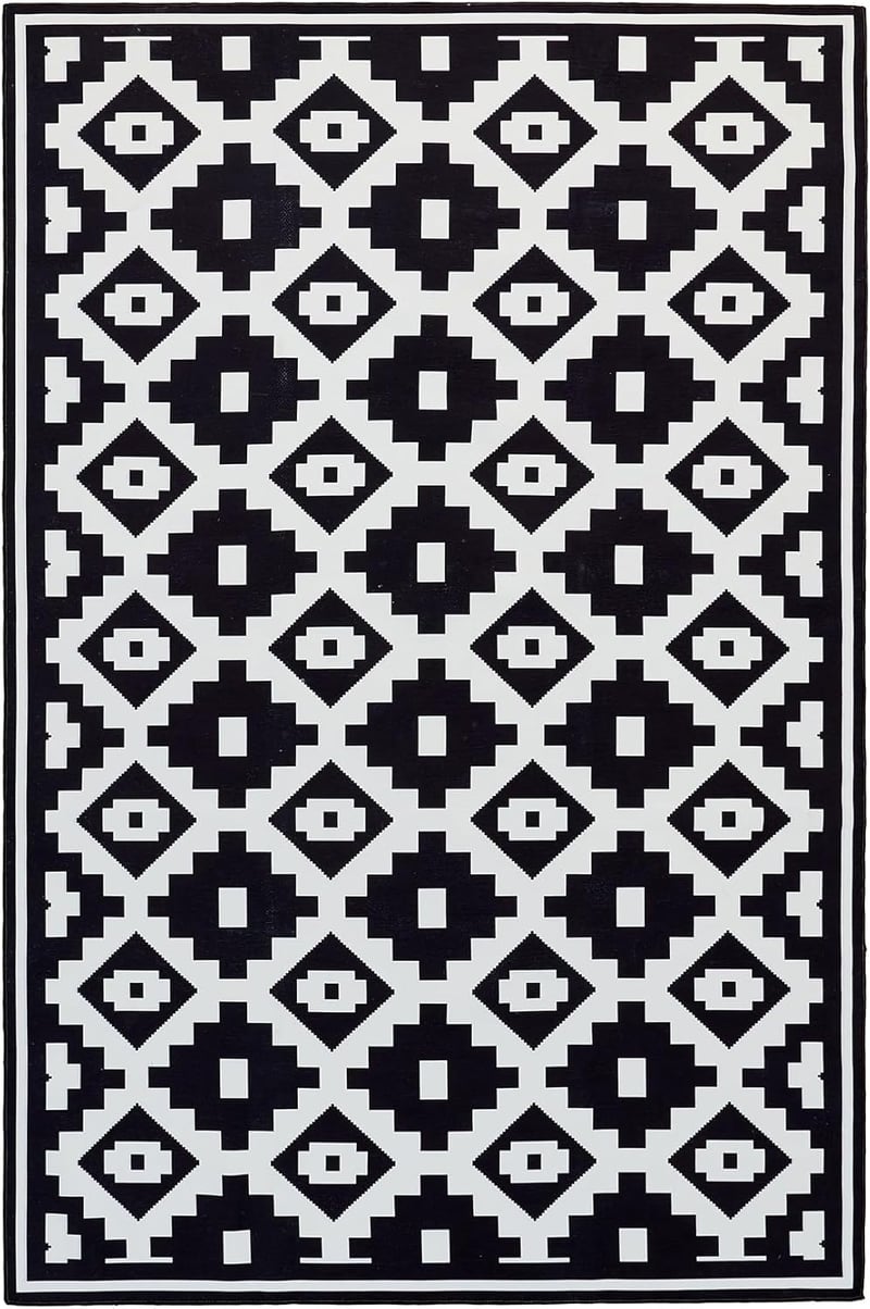 OMERAI Mosható Szőnyeg Kül- és Beltérre - Fekete-Fehér Csúszásmentes UV-Álló Foltálló Szőnyeg Nappaliba, Kertbe, Kempingezéshez 150x240 cm