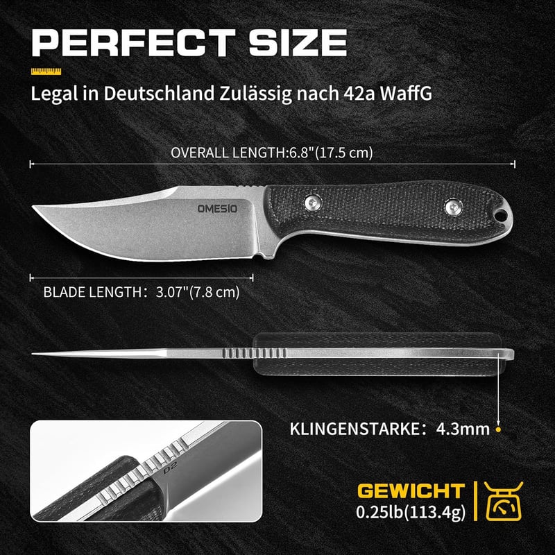OMESIO 42a Kés Clip Point Pengével 7,8cm D2 Acél Micarta Nyéllel Kydex Tokkal