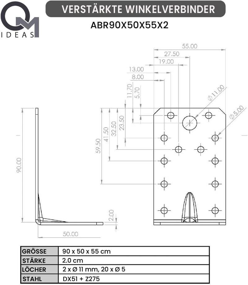 OMIDEAS 10 db 90x50x55x2 mm furatos fa sarokösszekötő 90 fokos gerendakapocs horganyzott ezüst sarokkötő szögvas konstrukcióhoz