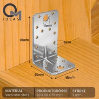 OMIDEAS 10 db 90x50x55x2 mm furatos fa sarokösszekötő 90 fokos gerendakapocs horganyzott ezüst sarokkötő szögvas konstrukcióhoz 2