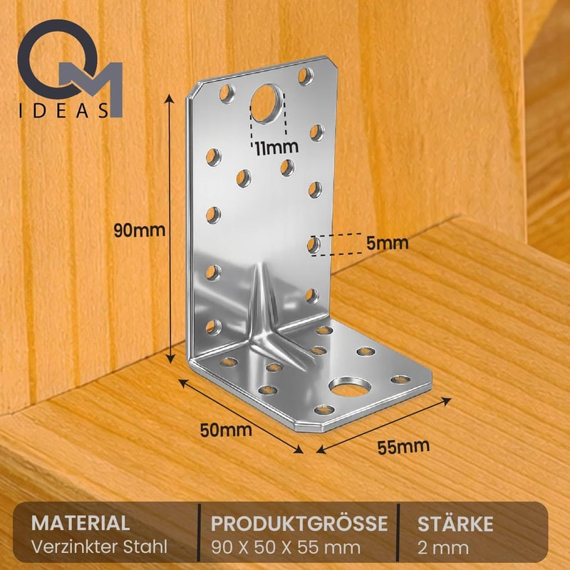 OMIDEAS 10 db 90x50x55x2 mm furatos fa sarokösszekötő 90 fokos gerendakapocs horganyzott ezüst sarokkötő szögvas konstrukcióhoz