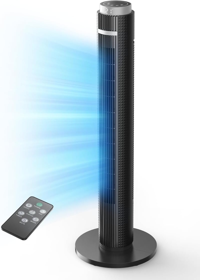 OMISOON Oszlopventilátor Valós Idejű Hőmérséklet Kijelzővel - 28dB Ultra Csendes, 6 Sebességű, 70° Oszcilláló, Távirányítós Álló Ventilátor 