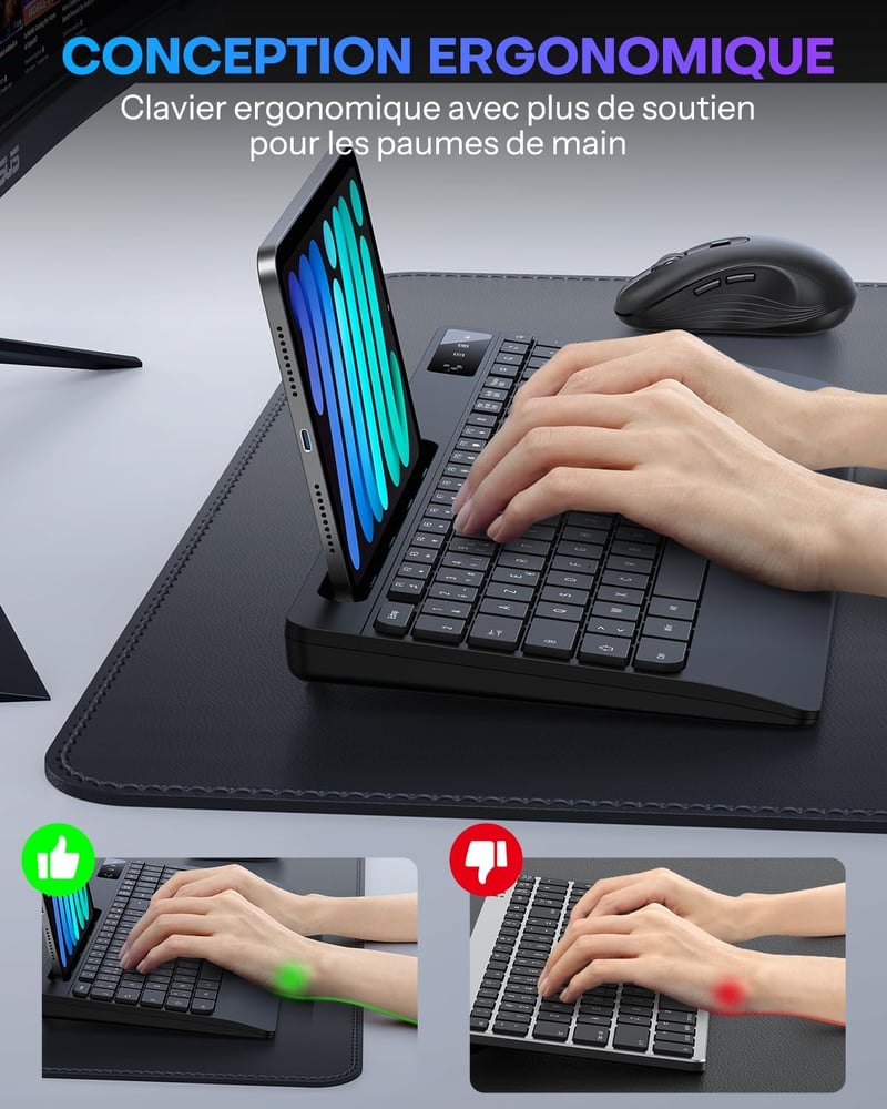 OMOTON AZERTY Vezeték nélküli ergonomikus billentyűzet csuklótámasszal, numerikus billentyűzettel, fekete