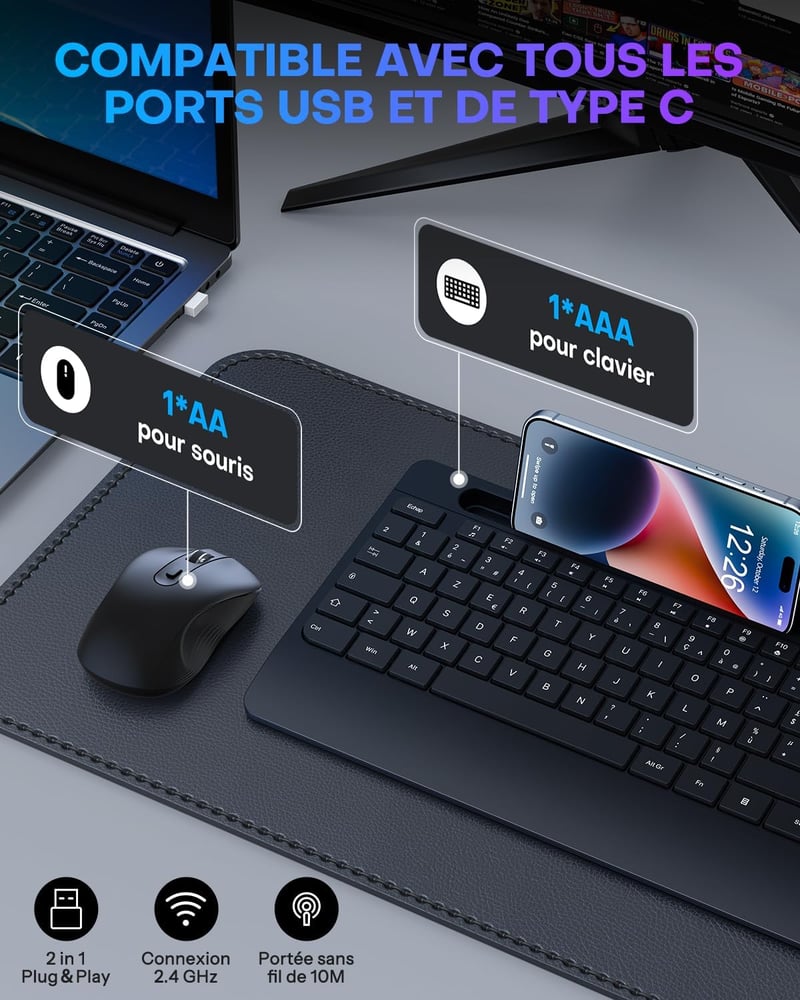 OMOTON AZERTY Vezeték nélküli ergonomikus billentyűzet csuklótámasszal, numerikus billentyűzettel, fekete
