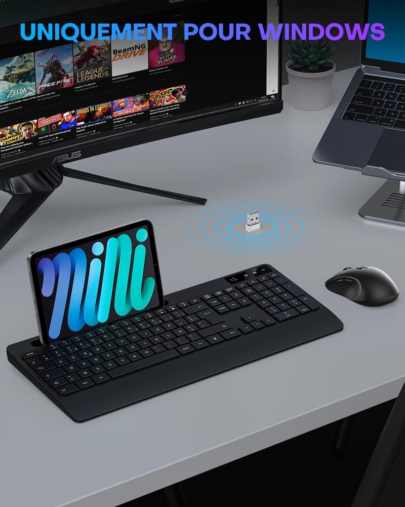 OMOTON AZERTY Vezeték nélküli ergonomikus billentyűzet csuklótámasszal, numerikus billentyűzettel, fekete