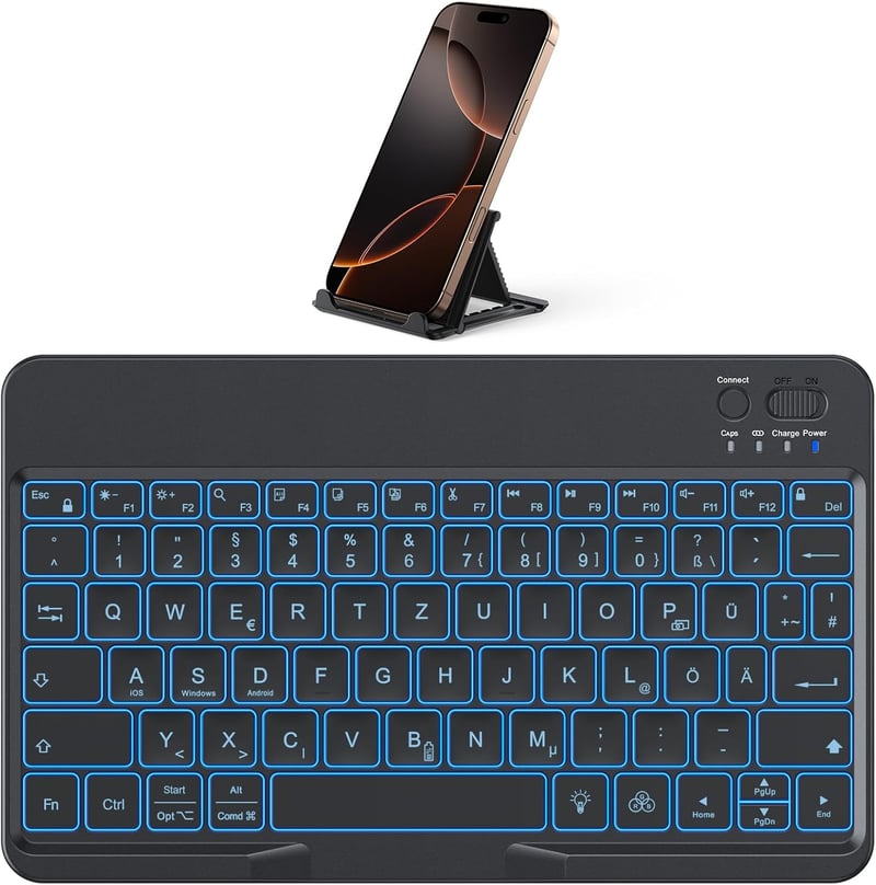 OMOTON Bluetooth Billentyűzet iPad iPhone Android Windows Telefonos Tartóval Háttérvilágítás Újratölthető QWERTZ