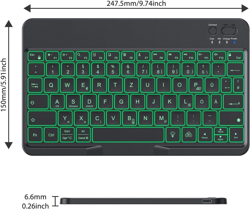 OMOTON Bluetooth Billentyűzet iPad iPhone Android Windows Telefonos Tartóval Háttérvilágítás Újratölthető QWERTZ