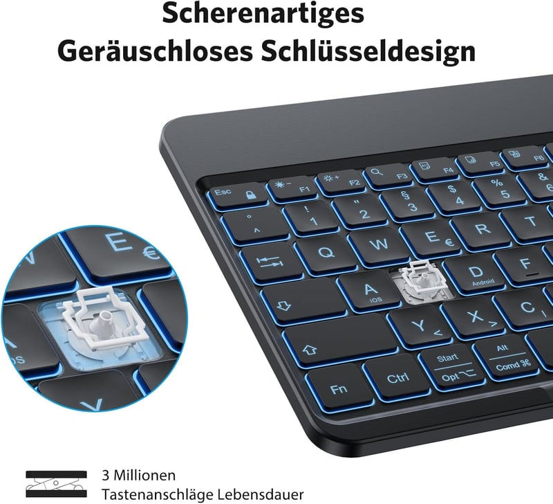 OMOTON Bluetooth Billentyűzet iPad iPhone Android Windows Telefonos Tartóval Háttérvilágítás Újratölthető QWERTZ
