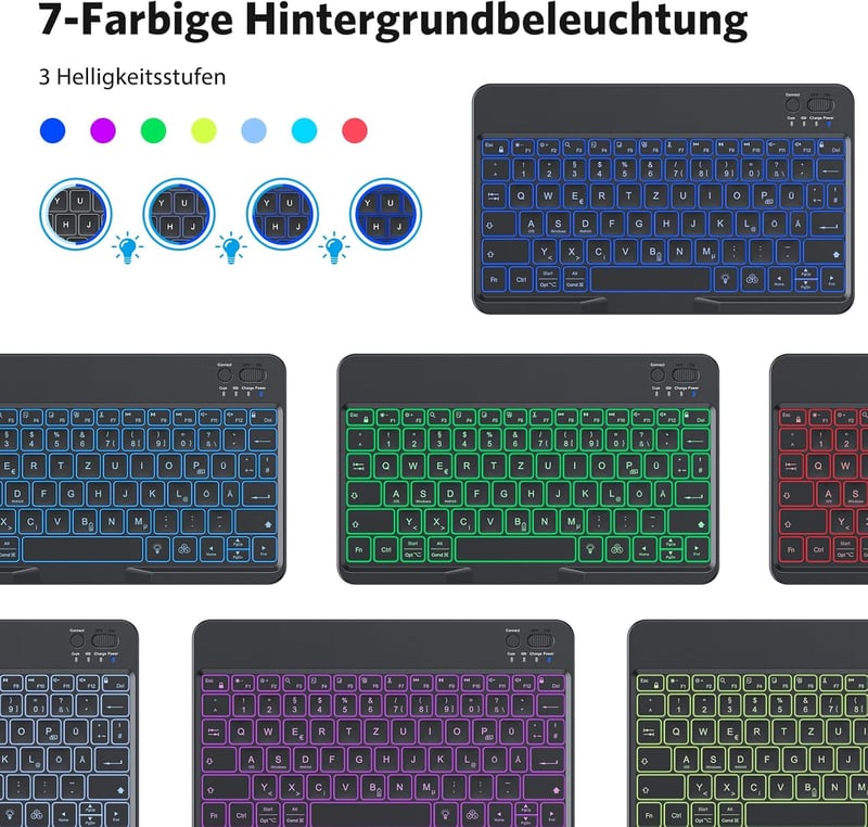 OMOTON Bluetooth Billentyűzet iPad iPhone Android Windows Telefonos Tartóval Háttérvilágítás Újratölthető QWERTZ