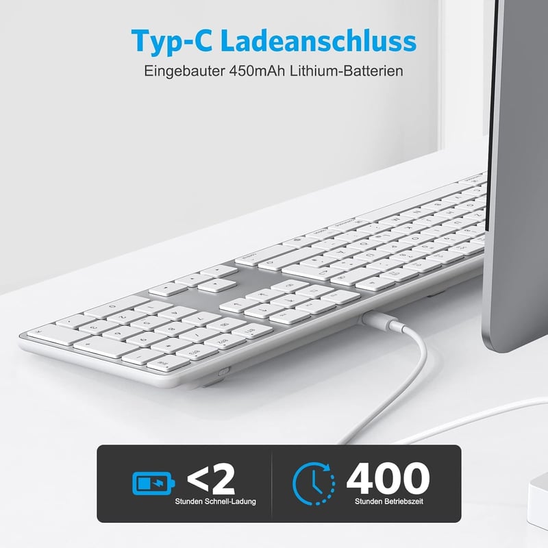 OMOTON Bluetooth Billentyűzet Mac-hez, Újratölthető Vezeték Nélküli Billentyűzet, 3 Csatorna, Ezüst