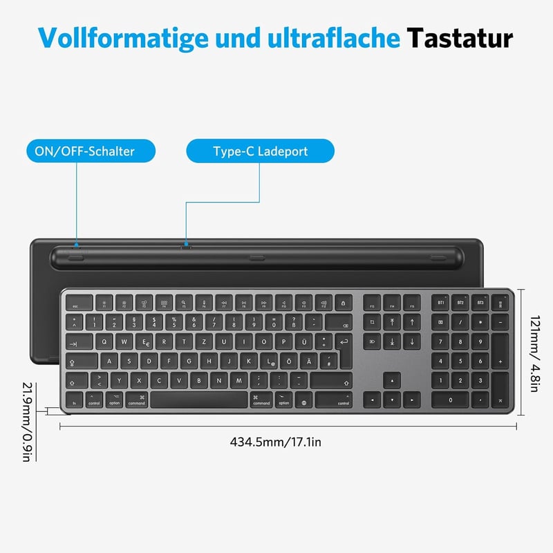 OMOTON Bluetooth Billentyűzet Mac-hez, Újratölthető Vezeték Nélküli, 3 Csatorna, QWERTZ DE Kiosztás, Szürke