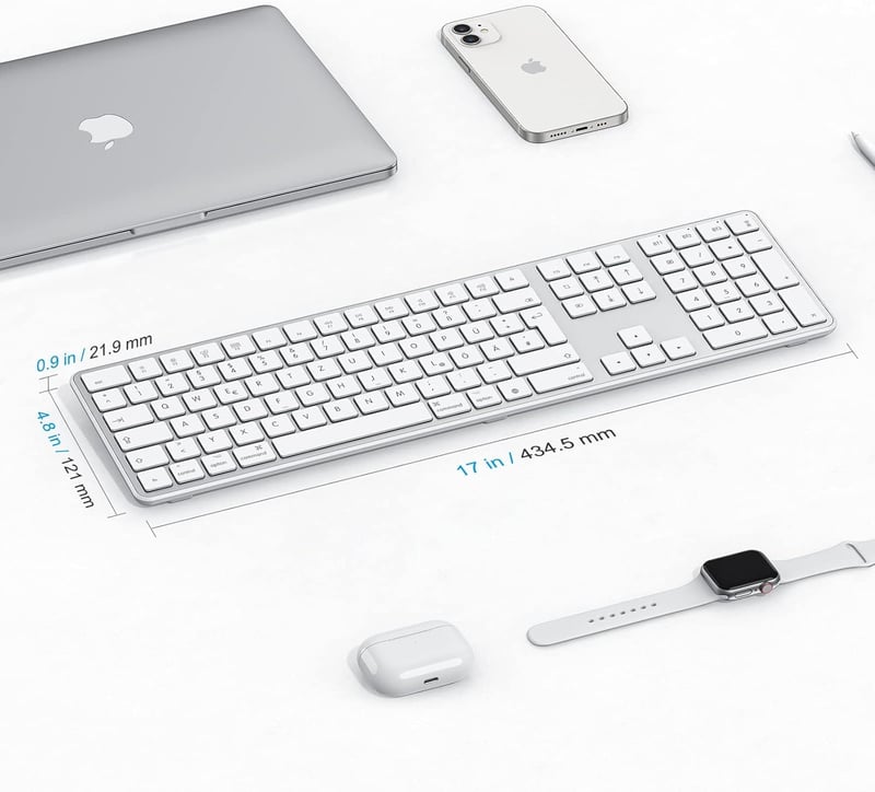 OMOTON Bluetooth Billentyűzet Mac-hez, Újratölthető Vezeték Nélküli Billentyűzet, 3 Csatorna, Ezüst