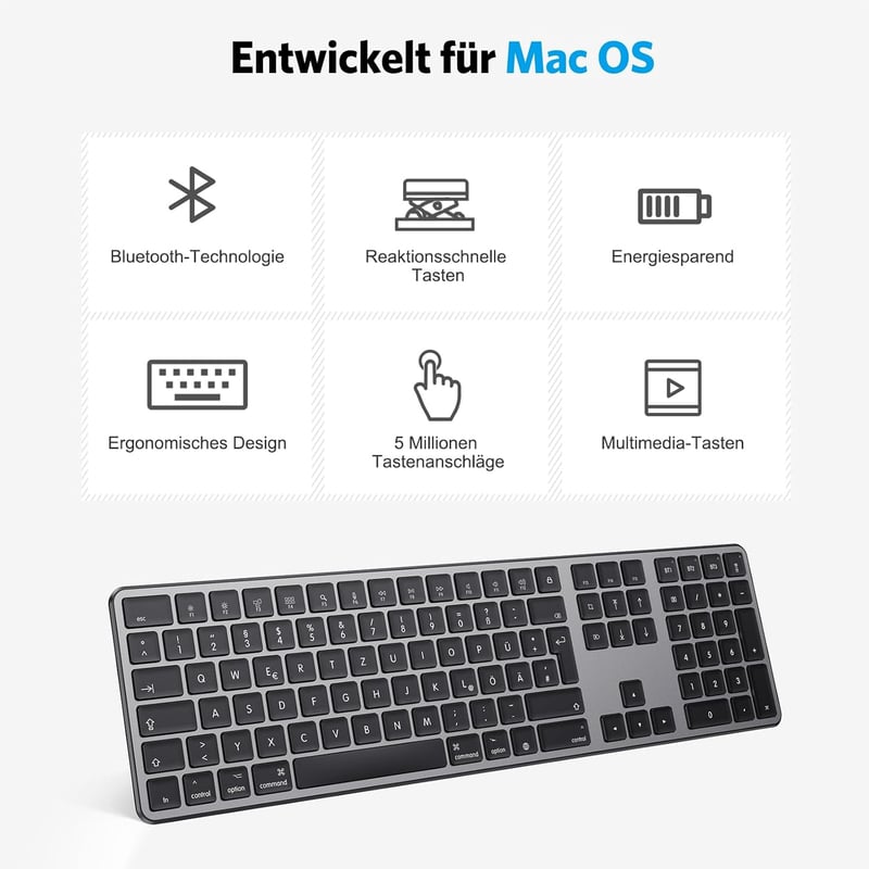 OMOTON Bluetooth Billentyűzet Wireless MacBook Pro/Air iMac Mac Mini Újratölthető 3 Csatorna QWERTZ