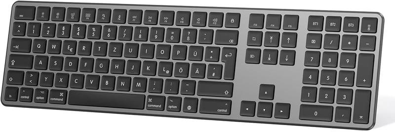 OMOTON Bluetooth Billentyűzet Mac-hez, Újratölthető Vezeték Nélküli, 3 Csatorna, QWERTZ DE Kiosztás, Szürke