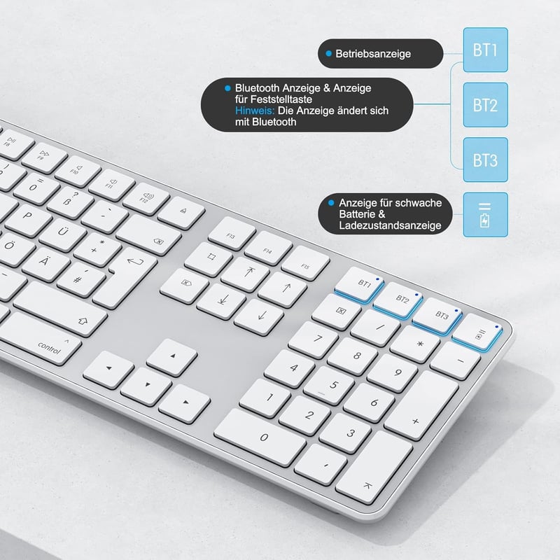 OMOTON Bluetooth Billentyűzet Mac-hez, Újratölthető Vezeték Nélküli Billentyűzet, 3 Csatorna, Ezüst