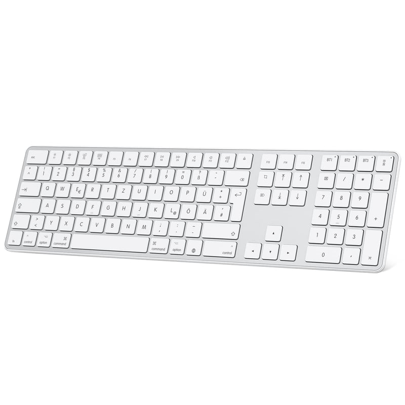 OMOTON Bluetooth klávesnica pre Mac, nabíjateľná bezdrôtová klávesnica, 3 kanály, strieborná