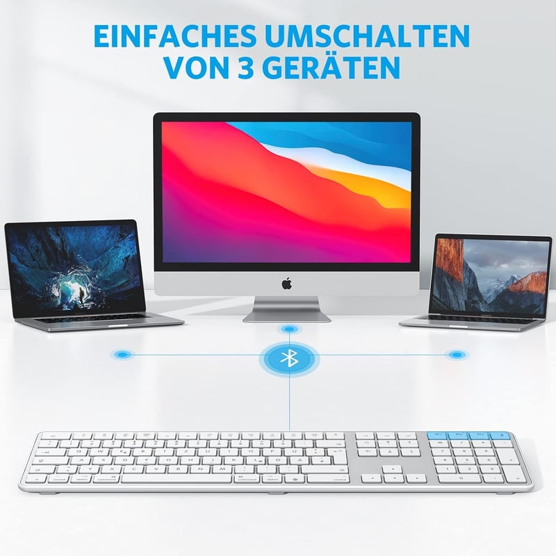 OMOTON Bluetooth Billentyűzet Mac-hez, Újratölthető Vezeték Nélküli Billentyűzet, 3 Csatorna, Ezüst
