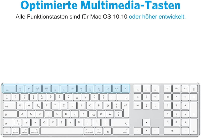 OMOTON Bluetooth Billentyűzet Mac-hez, Újratölthető Vezeték Nélküli Billentyűzet, 3 Csatorna, Ezüst