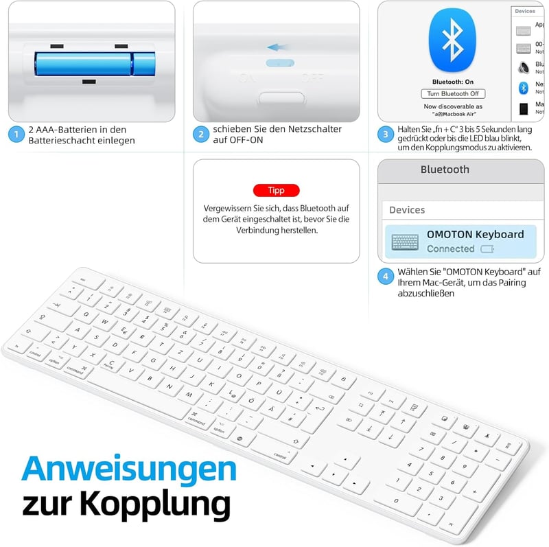 OMOTON Bluetooth Billentyűzet Mac-hez Vezeték Nélküli QWERTZ MacBook Pro Air iMac Mini Fehér AAA Elemmel Működő Teljes Méret