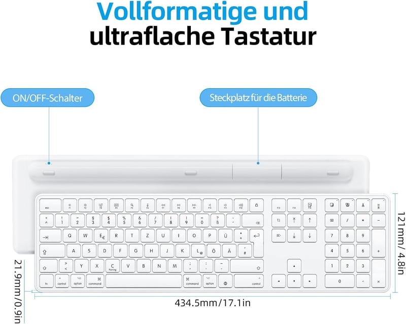 OMOTON Bluetooth Billentyűzet Mac-hez Vezeték Nélküli QWERTZ MacBook Pro Air iMac Mini Fehér AAA Elemmel Működő Teljes Méret