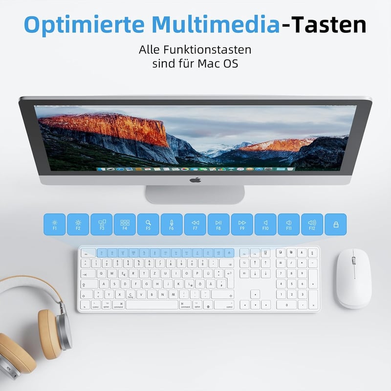 OMOTON Bluetooth Billentyűzet Mac-hez Vezeték Nélküli QWERTZ MacBook Pro Air iMac Mini Fehér AAA Elemmel Működő Teljes Méret