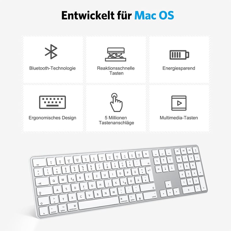 OMOTON Bluetooth Billentyűzet MacBook Pro/Air, iMac Kompatibilis, Újratölthető Vezeték Nélküli Billentyűzet QWERTZ Kiosztással