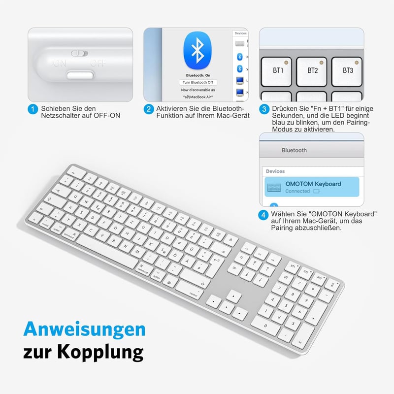 OMOTON Bluetooth Billentyűzet MacBook Pro/Air, iMac Kompatibilis, Újratölthető Vezeték Nélküli Billentyűzet QWERTZ Kiosztással