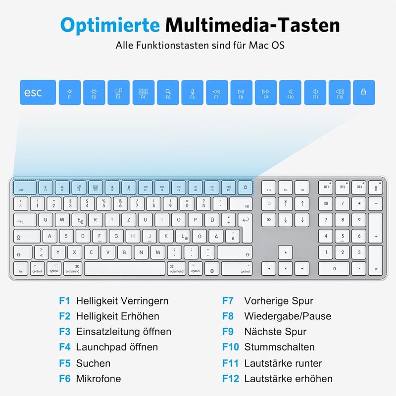 OMOTON Bluetooth Billentyűzet MacBook Pro/Air, iMac Kompatibilis, Újratölthető Vezeték Nélküli Billentyűzet QWERTZ Kiosztással