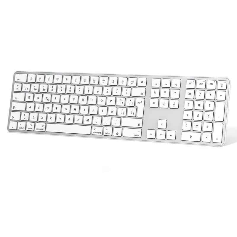 OMOTON Bluetooth klávesnica pre MacOS, 3-kanálová, nabíjateľná – strieborná