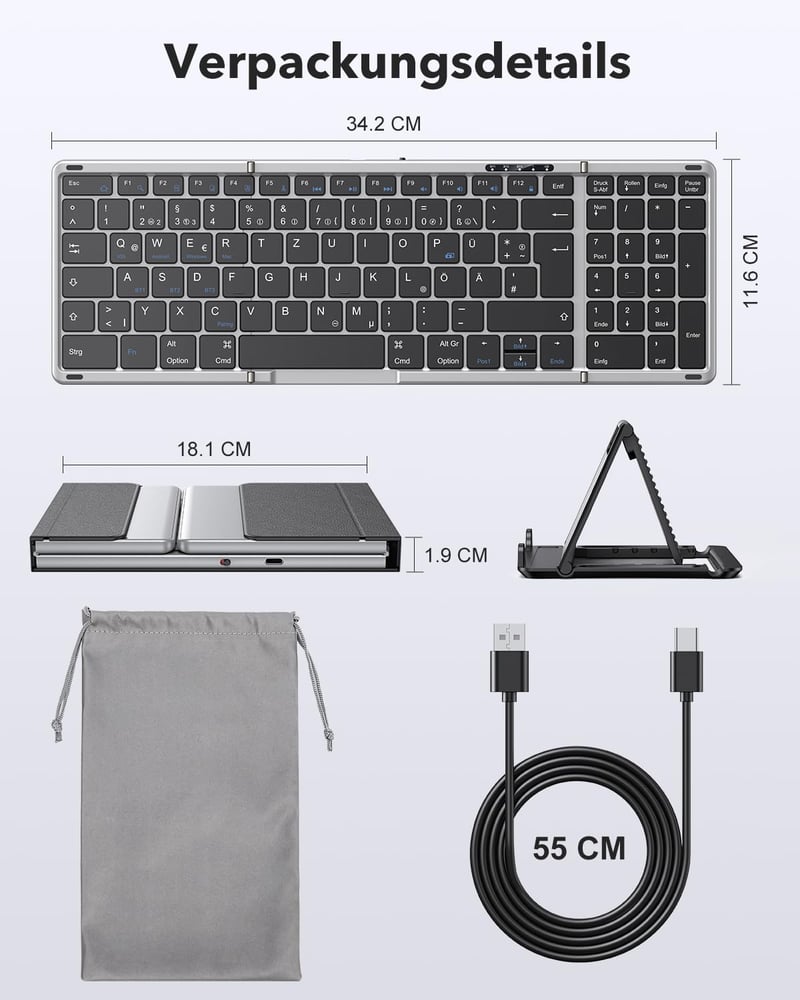 OMOTON Bluetooth Összecsukható Billentyűzet Numerikus Billentyűzettel AZERTY