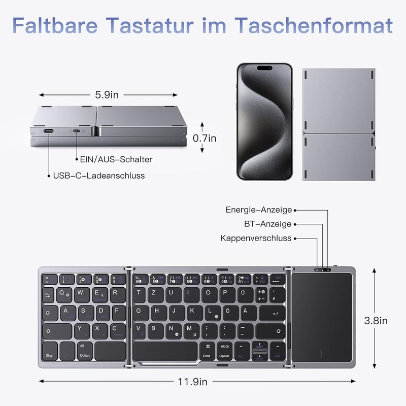 OMOTON Bluetooth összecsukható billentyűzet touchpad-del, 3 csatorna, hordozható