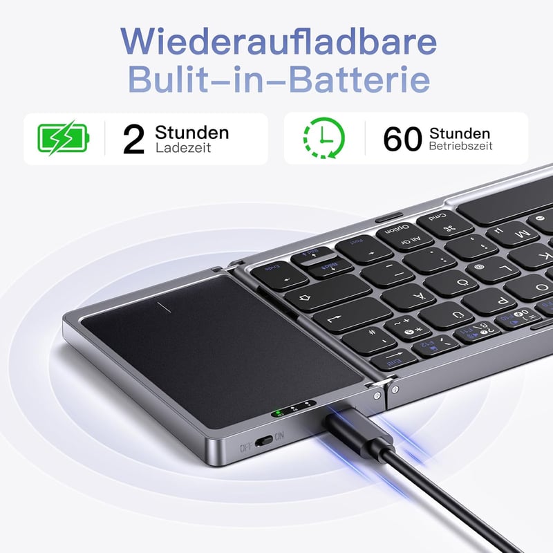 OMOTON Bluetooth összecsukható billentyűzet touchpad-del, 3 csatorna, hordozható