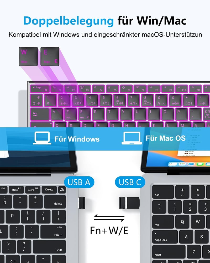 OMOTON Bluetooth Vezeték Nélküli Billentyűzet Fém Házban, Világító QWERTZ, Ergonomikus