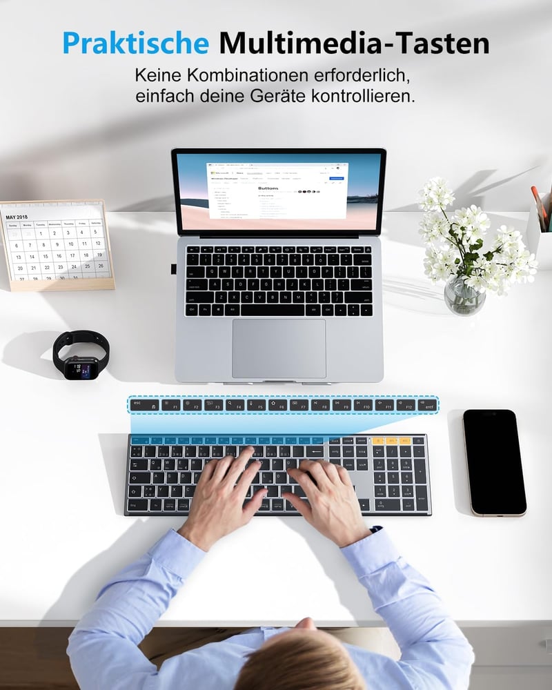 OMOTON Bluetooth Vezeték Nélküli Billentyűzet Fém Házban, Világító QWERTZ, Ergonomikus