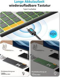 OMOTON Bluetooth Vezeték Nélküli Billentyűzet Fém Házban, Világító QWERTZ, Ergonomikus 3