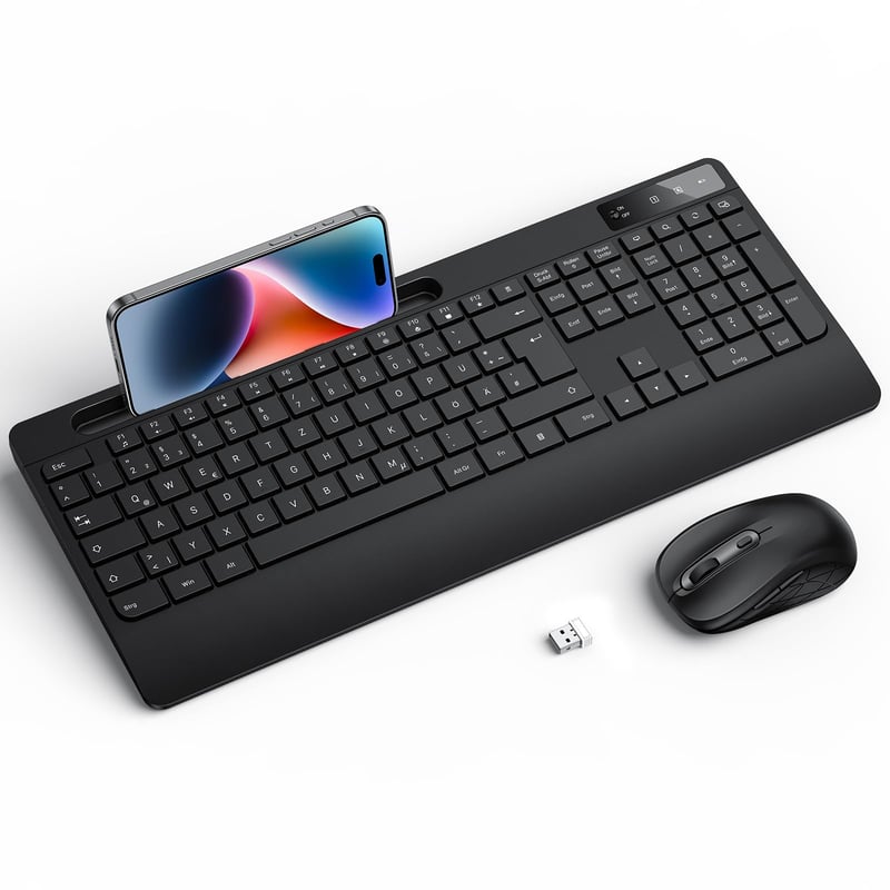 OMOTON Ergonomski bežični set tipkovnice i miša s njemačkim QWERTZ rasporedom, s osloncem za zglob, stalkom, kompatibilan s PC/Windows, F