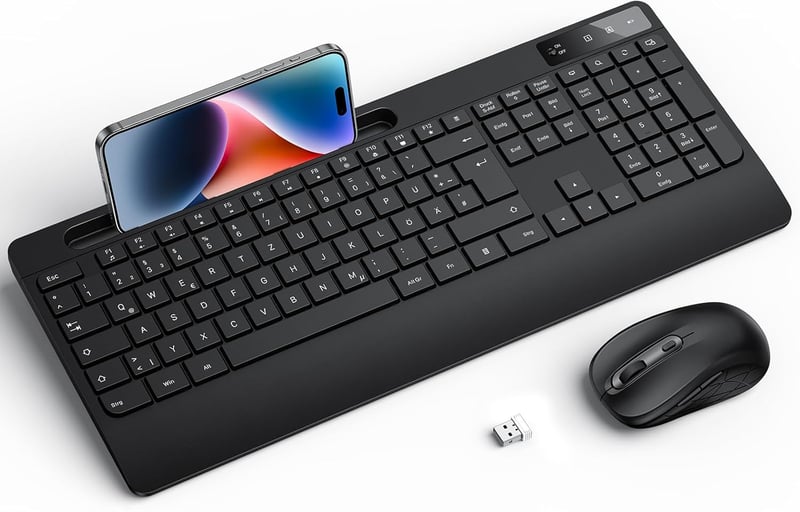 OMOTON Ergonomikus Vezeték Nélküli Billentyűzet-Egér Szett QWERTZ Német Kiosztással, Csuklótámasszal, Állvánnyal, PC/Windows Kompatibilis, F