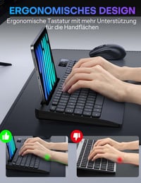 OMOTON Ergonomikus Vezeték Nélküli Billentyűzet-Egér Szett QWERTZ Német Kiosztással, Csuklótámasszal, Állvánnyal, PC/Windows Kompatibilis, F 3