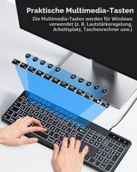 Káblová klávesnica OMOTON s bielym podsvietením a rozložením AZERTY, 2 v 1 USB A/C, pre seniorov, deti a slabozrakých, kompatibilná s Windows 8