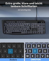 Káblová klávesnica OMOTON s bielym podsvietením a rozložením AZERTY, 2 v 1 USB A/C, pre seniorov, deti a slabozrakých, kompatibilná s Windows 3