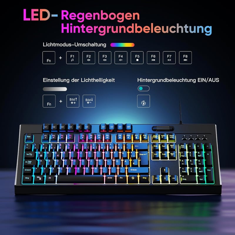 OMOTON Félmechanikus Gamer Billentyűzet, Programozható, Mágneses Csuklótámasz, QWERTZ Háttérvilágítás, 26 Gomb, Anti-Ghosting, Windows/PS4 K