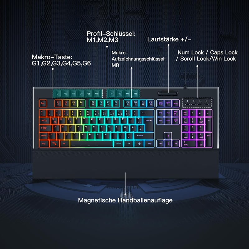 OMOTON Félmechanikus Gamer Billentyűzet, Programozható, Mágneses Csuklótámasz, QWERTZ Háttérvilágítás, 26 Gomb, Anti-Ghosting, Windows/PS4 K